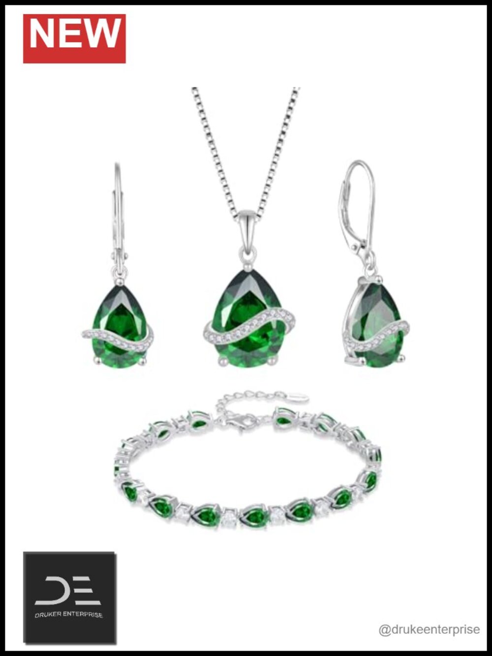 Emerald Jewelry Set 925 Sterling Silver Pear Shaped Earrings Necklace Bracelet
